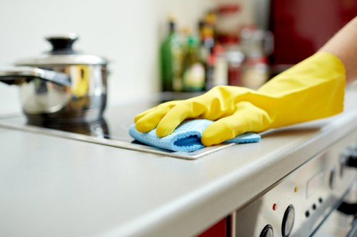 Cleaner working on windows for a residential property in Brent